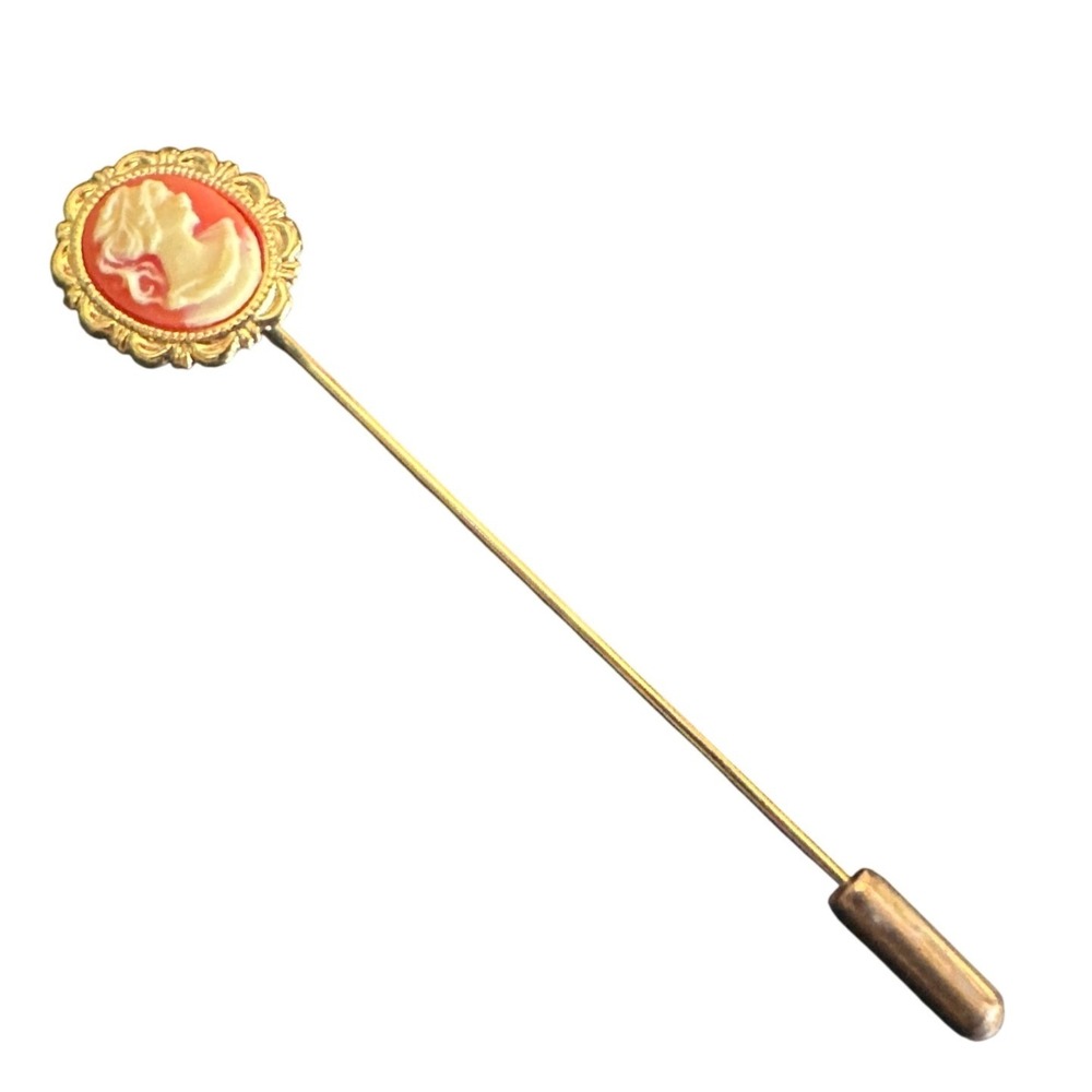 Vintage Gold Tone Coral Orange Cameo Stick Pin Victorian Style Lapel Scarf Pin